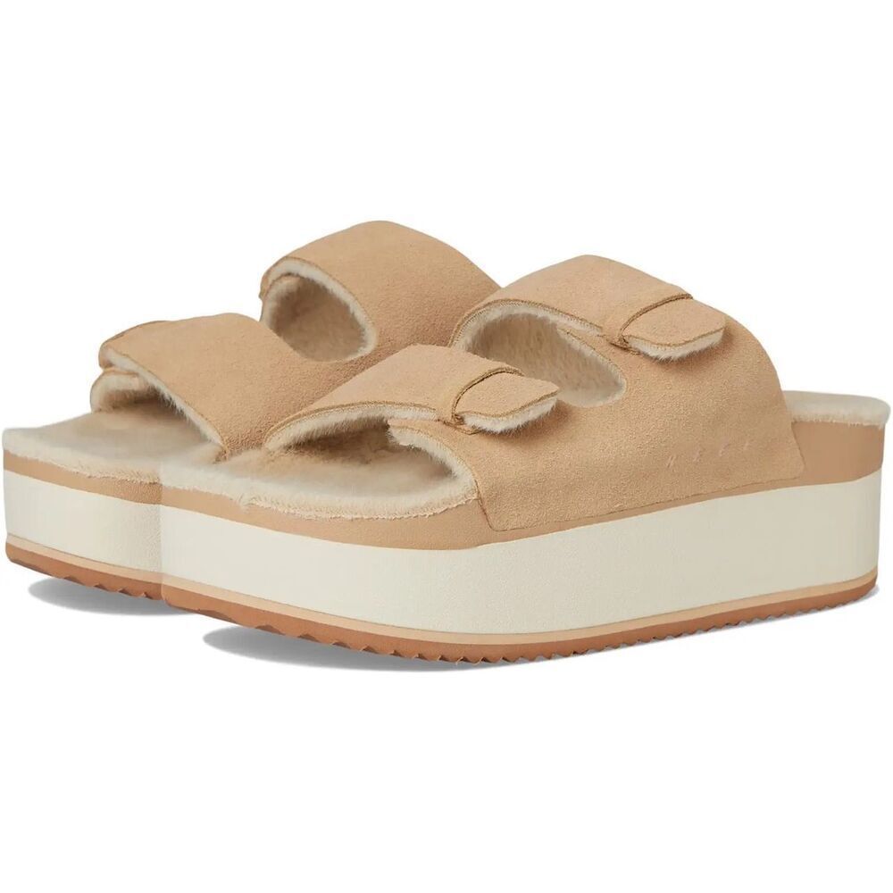 Reef Ojai Ciara 2-Bar Shearling Lined Tan Suede Platform Slides Women’s Size 9